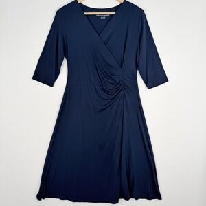 Soft Surroundings Hyannis  Dress Navy Blue Ruched Wrap Dress Size-Petite Medium
